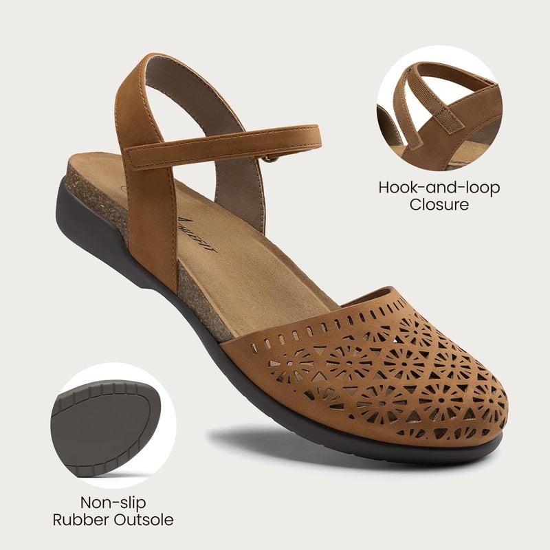 Women's Closed Toe Sandals with Comfort Cork Footbed and Arch Support - Tan Hollow - Image 3