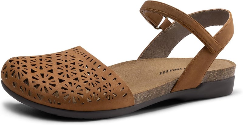 Women's Closed Toe Sandals with Comfort Cork Footbed and Arch Support - Tan Hollow - Image 1
