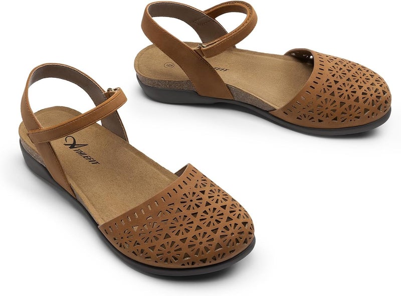 Women's Closed Toe Sandals with Comfort Cork Footbed and Arch Support - Tan Hollow - Image 4