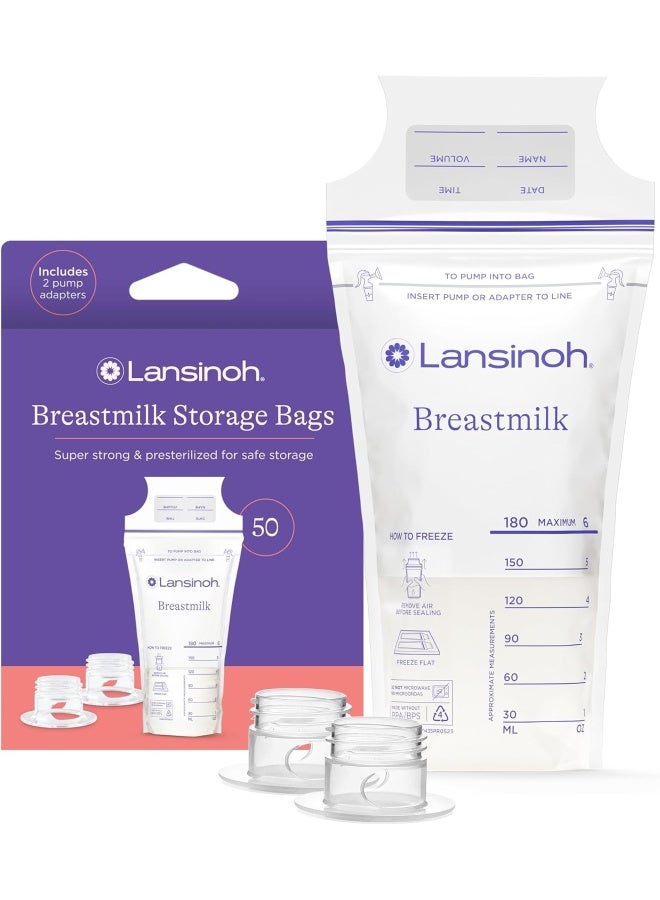 Lansinoh Breastmilk Storage Bags with Pump Adapters for Bags, 50 count - Image 1
