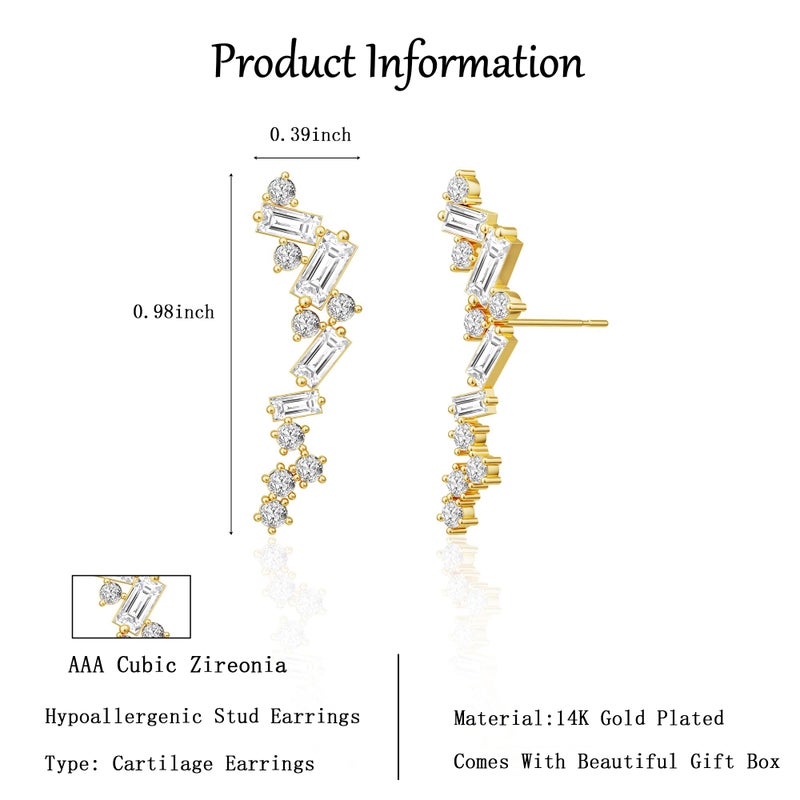 Robaice Gold Cartilage Climber Earrings for Women 14K Gold Plated Helix Stud Star Cluster Earrings Hypoallergenic CZ Tragus Conch Daith Piercing Jewelry Gift Ear Crawer - Image 3