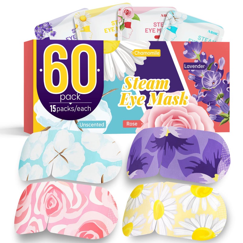 AROIC 60 Pack Steam Eye Masks Disposable for Dry Eyes, Heated Eye Mask Warm Compress for Eyes, Relaxation Mothers Day Gifts Self Care for Women, Spa Travel Essentials - Lavender, Unscented, Chamomile, Rose - Image 1