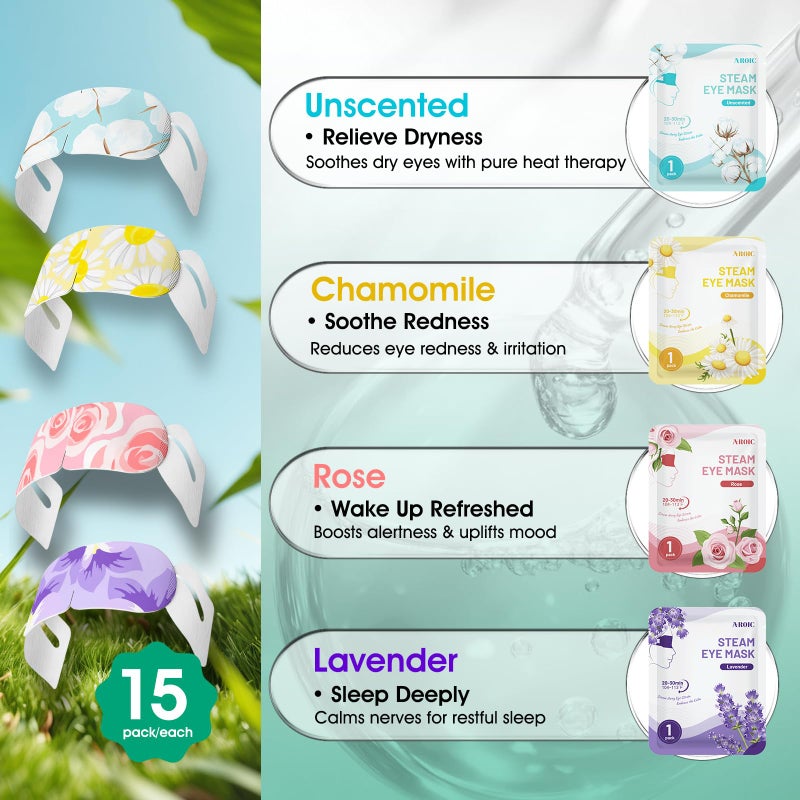 AROIC 60 Pack Steam Eye Masks Disposable for Dry Eyes, Heated Eye Mask Warm Compress for Eyes, Relaxation Mothers Day Gifts Self Care for Women, Spa Travel Essentials - Lavender, Unscented, Chamomile, Rose - Image 3