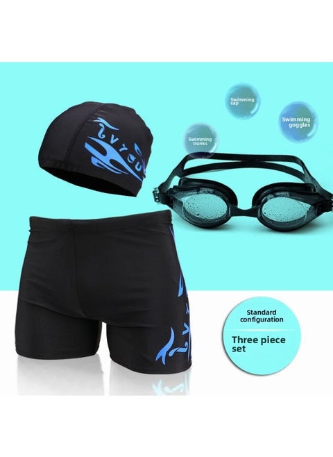 Men's Swimming Trunks And Swimming Cap Set Learning Swimming Equipment Quick-Drying Boxer Hot Spring Large Size Flame Five-Point Swimming Trunks-Color:8701 Blue Label Three-piece Set-xxl (recommended Weight 60-72.5kg )