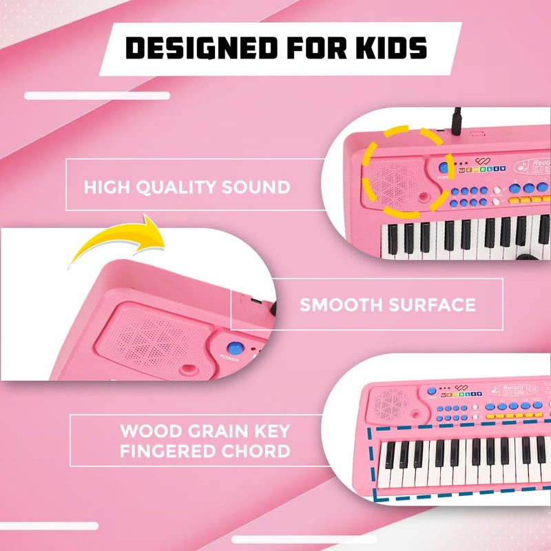 Wembley Rechargeable Kids Piano with Mic Electronic Keyboard Musical Toy for Beginners Boys Girls 3 4 5 6 7 8 9 Years with Recording 37 Keys 8 Rhythms 8 Tones 6 Demos Function - Pink - Image 4