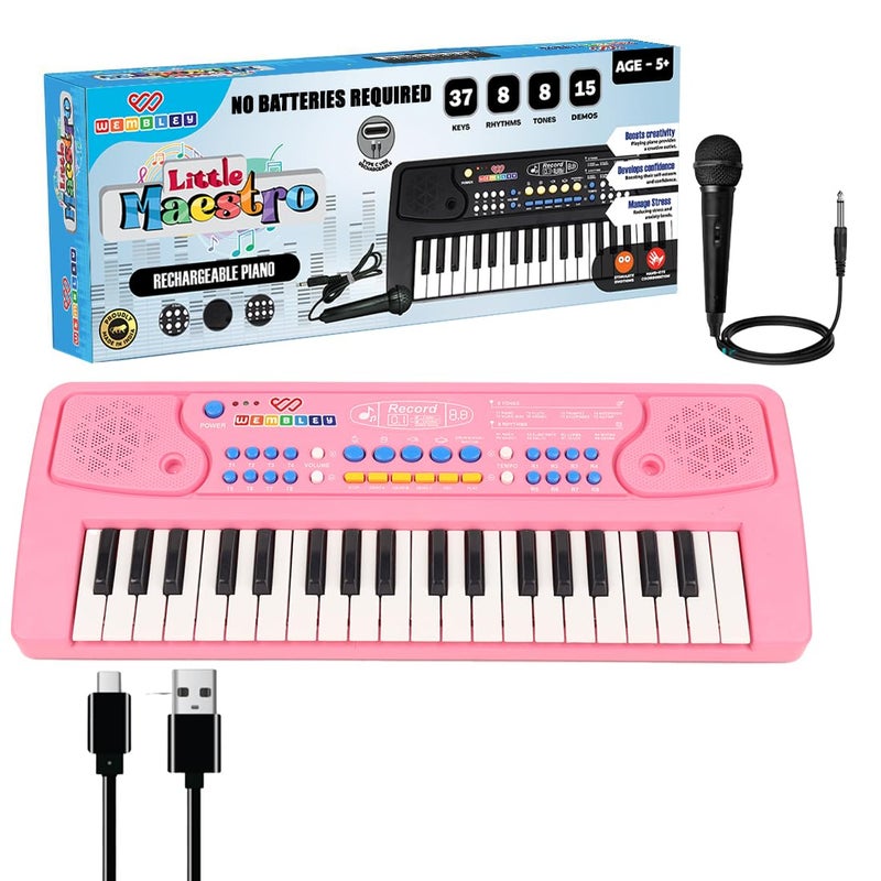Wembley Rechargeable Kids Piano with Mic Electronic Keyboard Musical Toy for Beginners Boys Girls 3 4 5 6 7 8 9 Years with Recording 37 Keys 8 Rhythms 8 Tones 6 Demos Function - Pink - Image 1