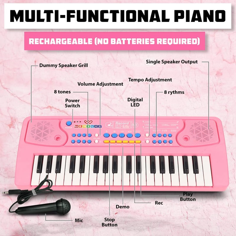 Wembley Rechargeable Kids Piano with Mic Electronic Keyboard Musical Toy for Beginners Boys Girls 3 4 5 6 7 8 9 Years with Recording 37 Keys 8 Rhythms 8 Tones 6 Demos Function - Pink - Image 2