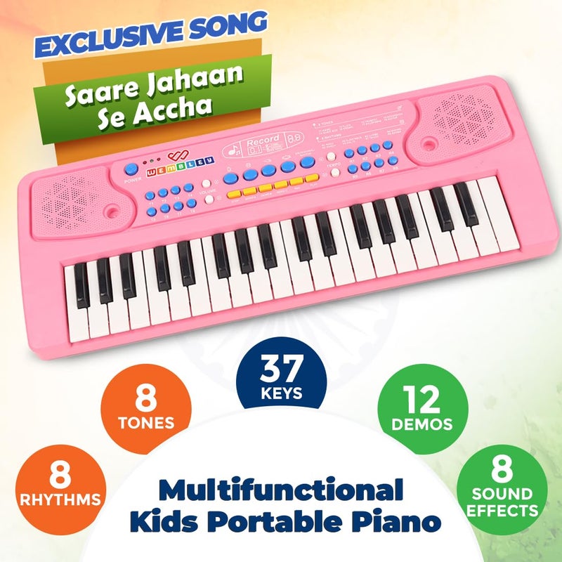Wembley Rechargeable Kids Piano with Mic Electronic Keyboard Musical Toy for Beginners Boys Girls 3 4 5 6 7 8 9 Years with Recording 37 Keys 8 Rhythms 8 Tones 6 Demos Function - Pink - Image 5