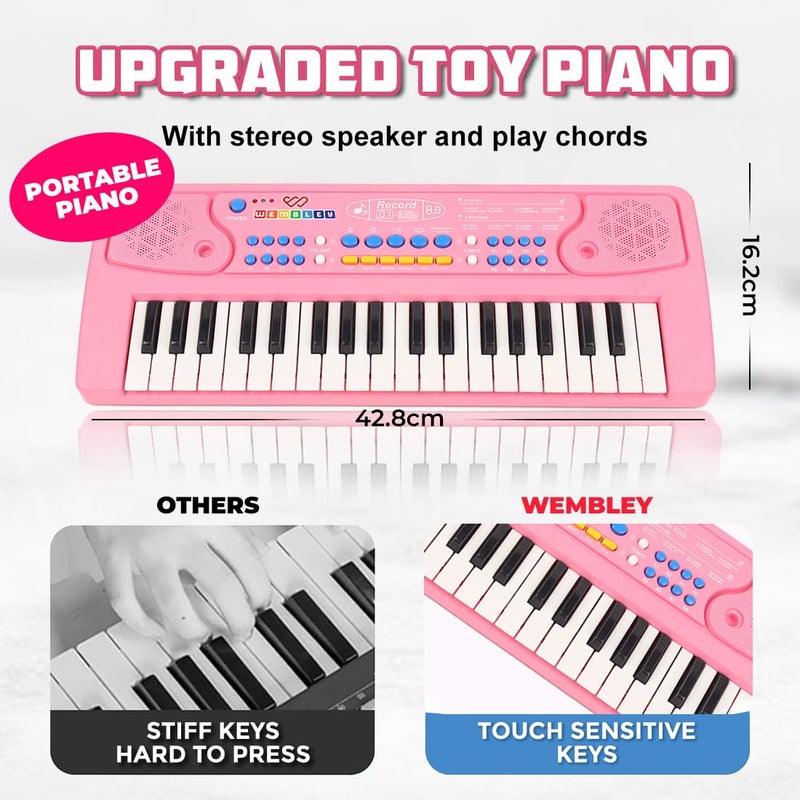Wembley Rechargeable Kids Piano with Mic Electronic Keyboard Musical Toy for Beginners Boys Girls 3 4 5 6 7 8 9 Years with Recording 37 Keys 8 Rhythms 8 Tones 6 Demos Function - Pink - Image 3