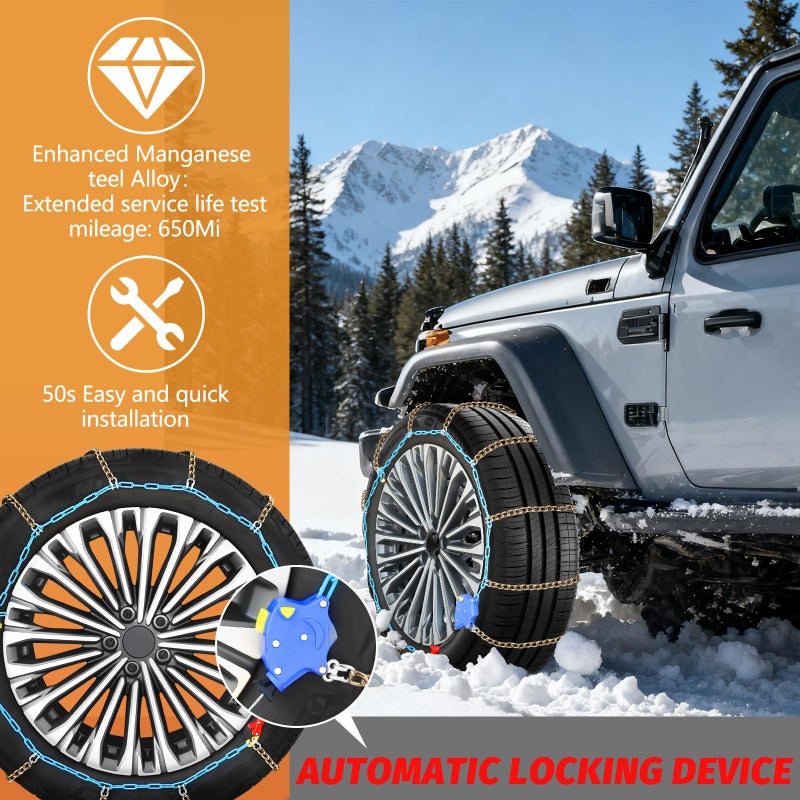 DEDC Auto Lock Snow Tire Chains,50s Quick Easy,Enhanced Manganese Steel Alloy,Endurance Life 650 Mi for Car SUV and Pickup Truck 245 255 265 275 295 315 Set of 2 (LS1619) - Image 2