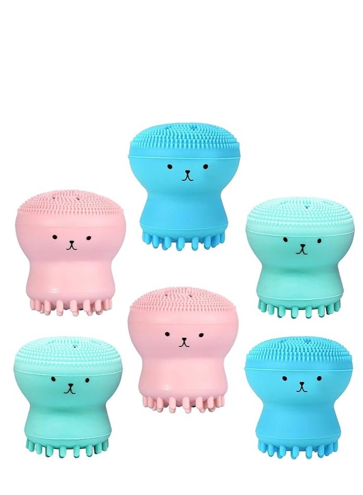 Jellyfish Deep Pore Silicone Facial Cleansing Brush with Cleansing Sponge Value 6 Pack, Soft Manuel Brushes All-in-One Skin Care Exfoliating Blackhead Remover