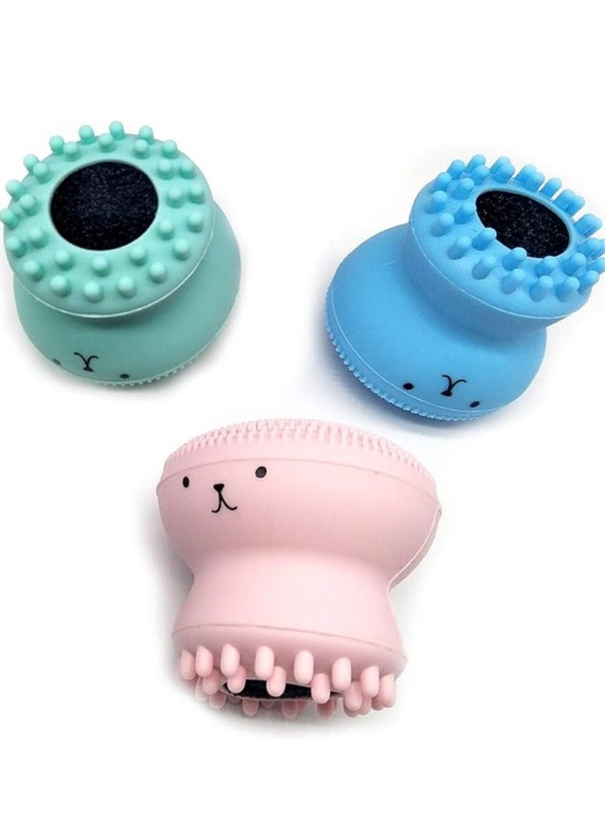 Jellyfish Deep Pore Silicone Facial Cleansing Brush with Cleansing Sponge Value 6 Pack, Soft Manuel Brushes All-in-One Skin Care Exfoliating Blackhead Remover
