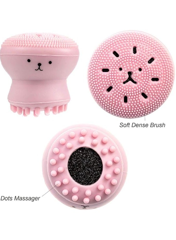 Jellyfish Deep Pore Silicone Facial Cleansing Brush with Cleansing Sponge Value 6 Pack, Soft Manuel Brushes All-in-One Skin Care Exfoliating Blackhead Remover