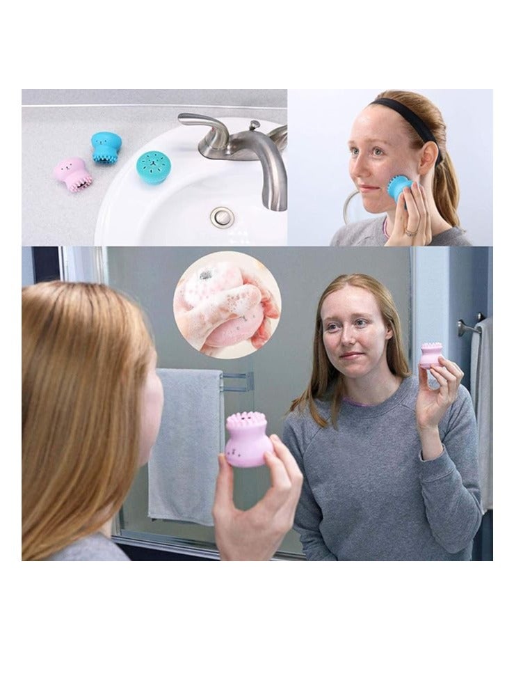 Jellyfish Deep Pore Silicone Facial Cleansing Brush with Cleansing Sponge Value 6 Pack, Soft Manuel Brushes All-in-One Skin Care Exfoliating Blackhead Remover