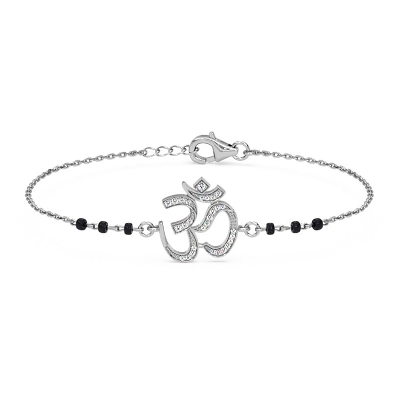 Clara 925 Sterling Silver Ekisha Om Hand Mangalsutra Adjustable Bracelet With Black Beads Chain | Platinum Plated, Swiss Zirconia | Gift For Women - Image 1