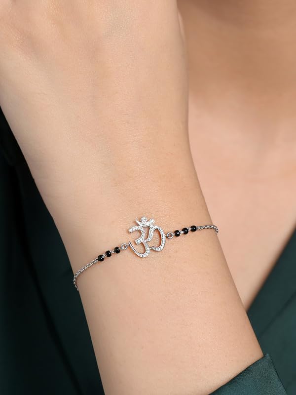 Clara 925 Sterling Silver Ekisha Om Hand Mangalsutra Adjustable Bracelet With Black Beads Chain | Platinum Plated, Swiss Zirconia | Gift For Women - Image 4
