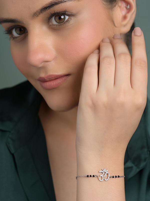 Clara 925 Sterling Silver Ekisha Om Hand Mangalsutra Adjustable Bracelet With Black Beads Chain | Platinum Plated, Swiss Zirconia | Gift For Women - Image 3