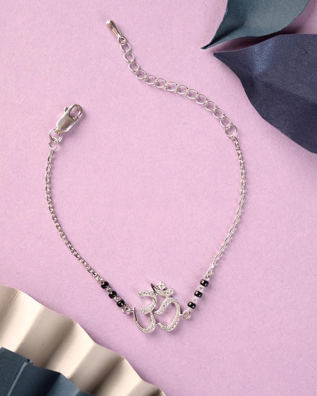 Clara 925 Sterling Silver Ekisha Om Hand Mangalsutra Adjustable Bracelet With Black Beads Chain | Platinum Plated, Swiss Zirconia | Gift For Women - Image 2