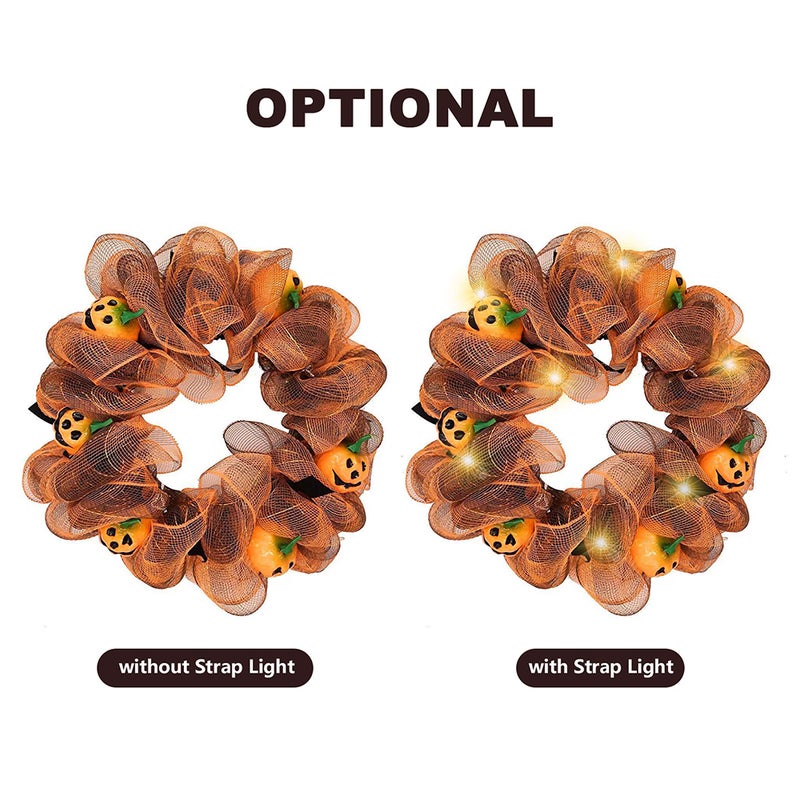 Halloween Wreath for Front Door 14 Inch Halloween Door Decoration Hanging Wreath Decorative Pumpkin Wreaths Decor with String Lights Home Party Ornaments - Image 2