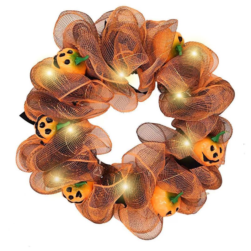 Halloween Wreath for Front Door 14 Inch Halloween Door Decoration Hanging Wreath Decorative Pumpkin Wreaths Decor with String Lights Home Party Ornaments - Image 1