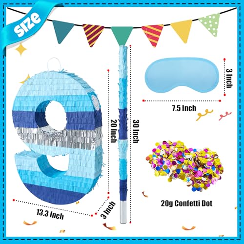 PCFING 20 Inch Number 9 Piata Blue Silver with 30 Inch Piata Stick Blindfold Confetti for Boys Girls Adults Birthday Party Decorations Anniversary Celebration Fiesta - Image 5