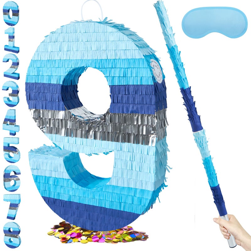 PCFING 20 Inch Number 9 Piata Blue Silver with 30 Inch Piata Stick Blindfold Confetti for Boys Girls Adults Birthday Party Decorations Anniversary Celebration Fiesta - Image 3