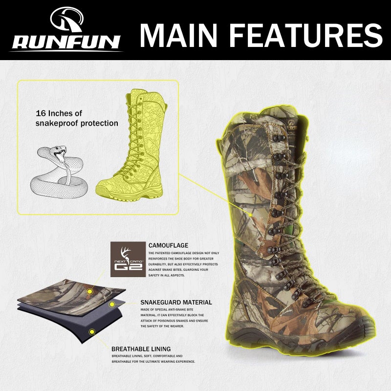 R RUNFUN Men's 16" Snakeproof Hunting Boots Waterproof Side-Zip Mud Boots with Steel Shank, Non-slip Camo Boot for Outdoor Work(RF2010-16GN, Size9) - Image 3