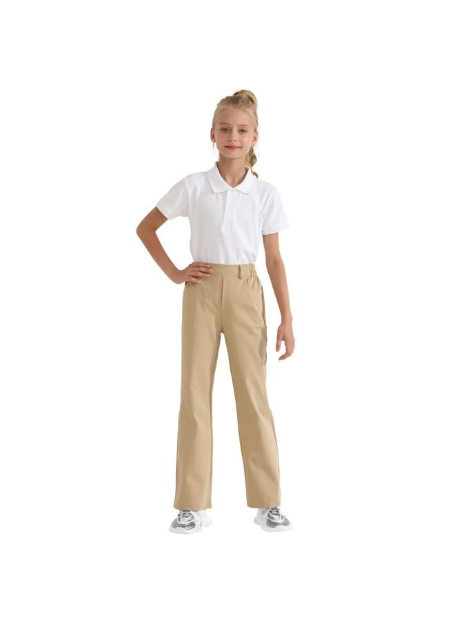Dreammonkey Girls Flare Dress Pants Kids Bootcut School Uniform Slacks with Half Elastic Waist Size 6-15 Years, Khaki, 14-15 Years - Image 2
