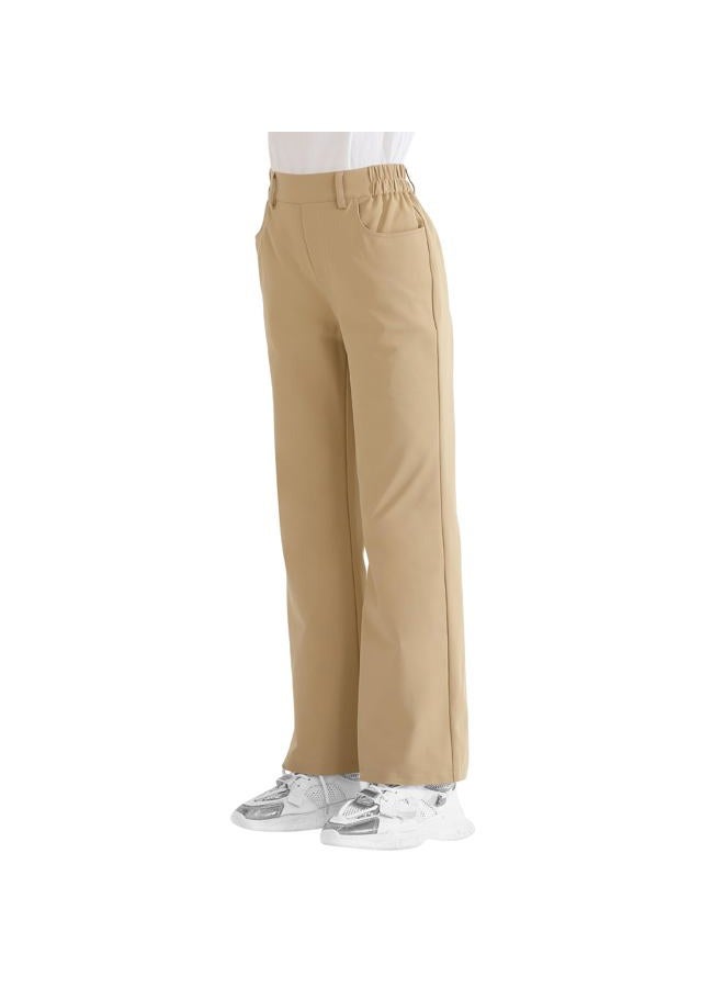 Dreammonkey Girls Flare Dress Pants Kids Bootcut School Uniform Slacks with Half Elastic Waist Size 6-15 Years, Khaki, 14-15 Years - Image 3