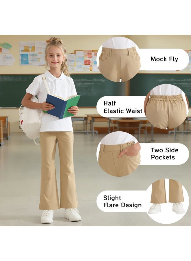 Dreammonkey Girls Flare Dress Pants Kids Bootcut School Uniform Slacks with Half Elastic Waist Size 6-15 Years, Khaki, 14-15 Years - Image 4