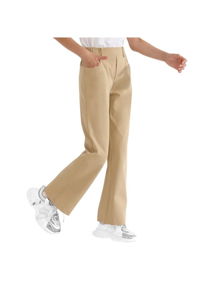 Dreammonkey Girls Flare Dress Pants Kids Bootcut School Uniform Slacks with Half Elastic Waist Size 6-15 Years, Khaki, 14-15 Years - Image 1