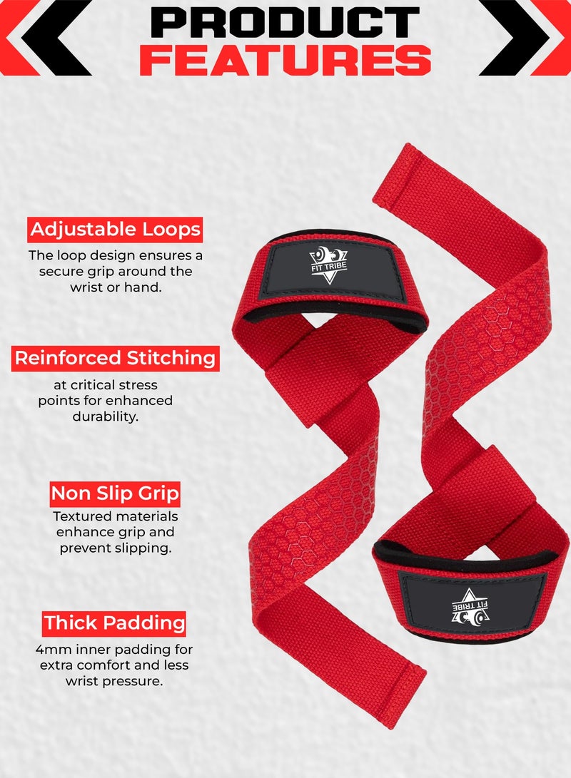 FIT TRIBE Weight Lifting Straps, Gym Straps for Weight Lifting Support, Powerlifting, Bodybuilding & Fitness, Adjustable Wrist Straps for Men & Women - Strength Training Gym Accessories (Red) - Image 2
