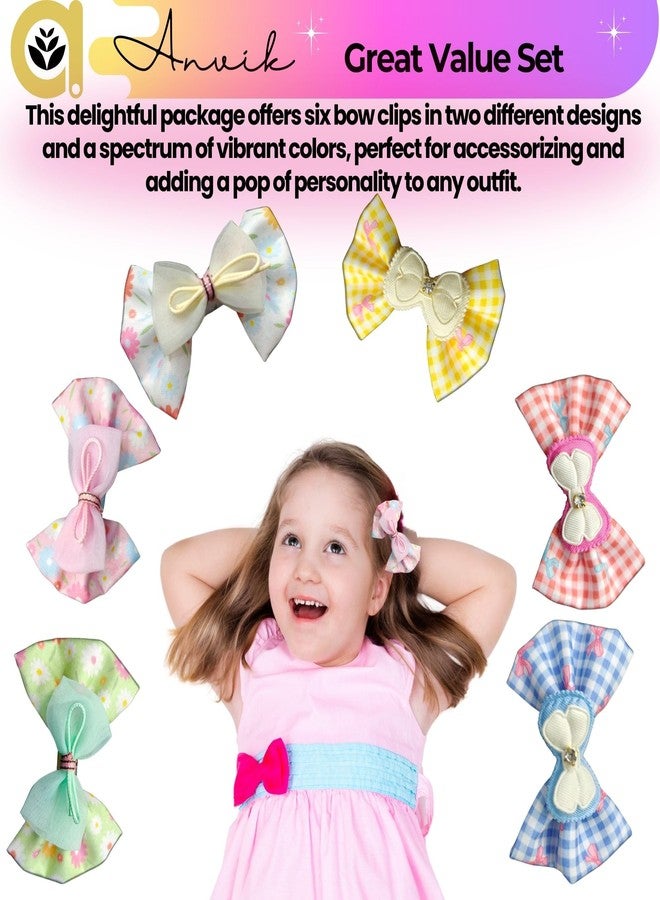 ANVIK Pack of 6 Hair Bow Alligator Clips Floral Check Hair Clips for Baby Girls, Teens, Toddlers - Image 2