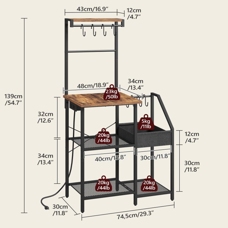 MAHANCRIS Bakers Rack, Microwave Stand with Storage, Kitchen Storage Shelf with 8 Hooks, Coffee Bar Station with Power Outlet, for Kitchen, Dining Room, Rustic Brown and Black BRHR74E01 - Image 3