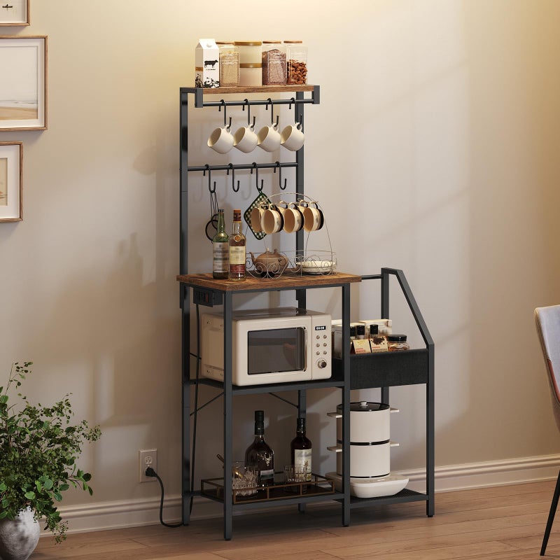 MAHANCRIS Bakers Rack, Microwave Stand with Storage, Kitchen Storage Shelf with 8 Hooks, Coffee Bar Station with Power Outlet, for Kitchen, Dining Room, Rustic Brown and Black BRHR74E01 - Image 2