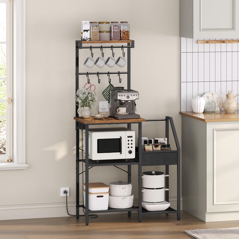 MAHANCRIS Bakers Rack, Microwave Stand with Storage, Kitchen Storage Shelf with 8 Hooks, Coffee Bar Station with Power Outlet, for Kitchen, Dining Room, Rustic Brown and Black BRHR74E01 - Image 1