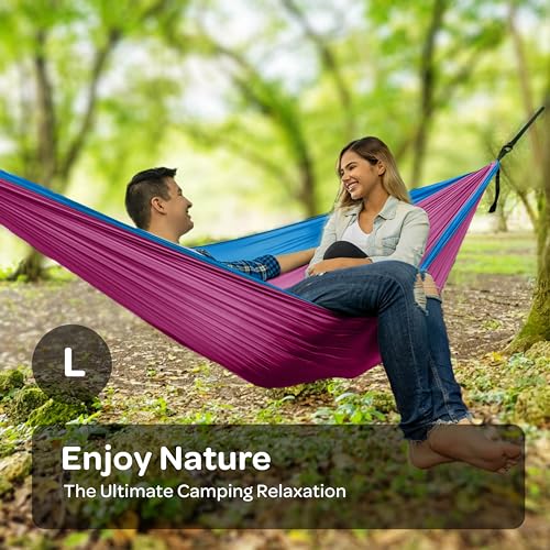 SEWANTA Durable Hammock 500 lb Capacity Nylon Camping Hammock Chair Double or Single Sizes wTree Straps and Attached Carry Bag Portable for TravelBackpackingBeachBackyard Large Fuchsia Sky Blue - Image 3