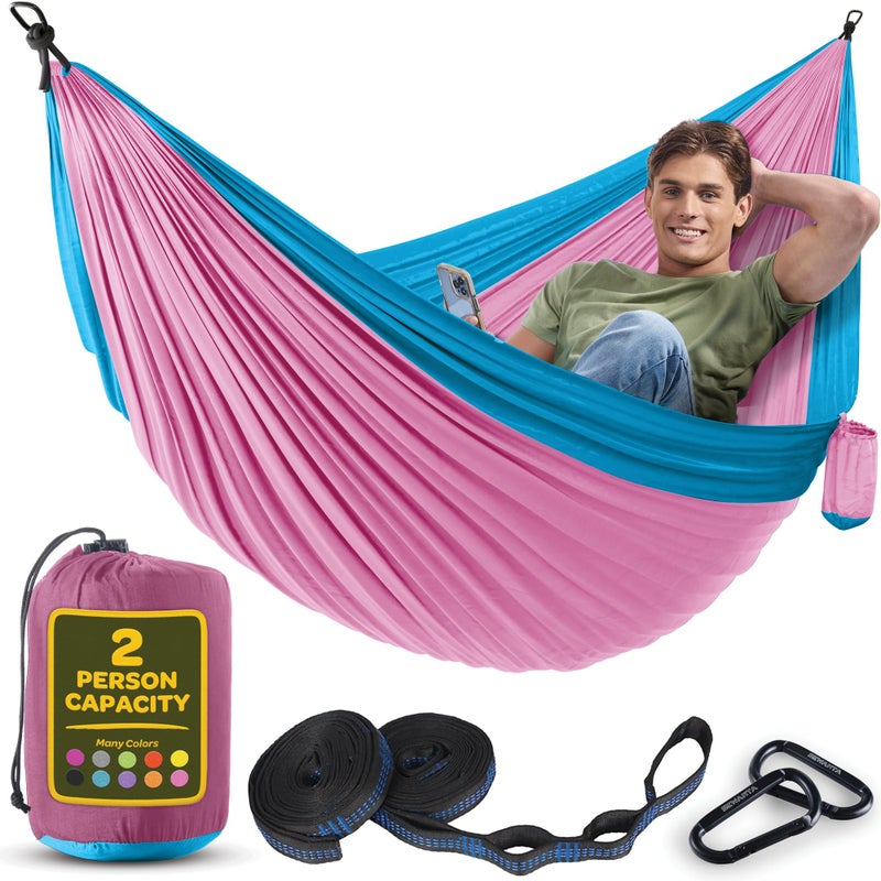 SEWANTA Durable Hammock 500 lb Capacity Nylon Camping Hammock Chair Double or Single Sizes wTree Straps and Attached Carry Bag Portable for TravelBackpackingBeachBackyard Large Fuchsia Sky Blue - Image 2