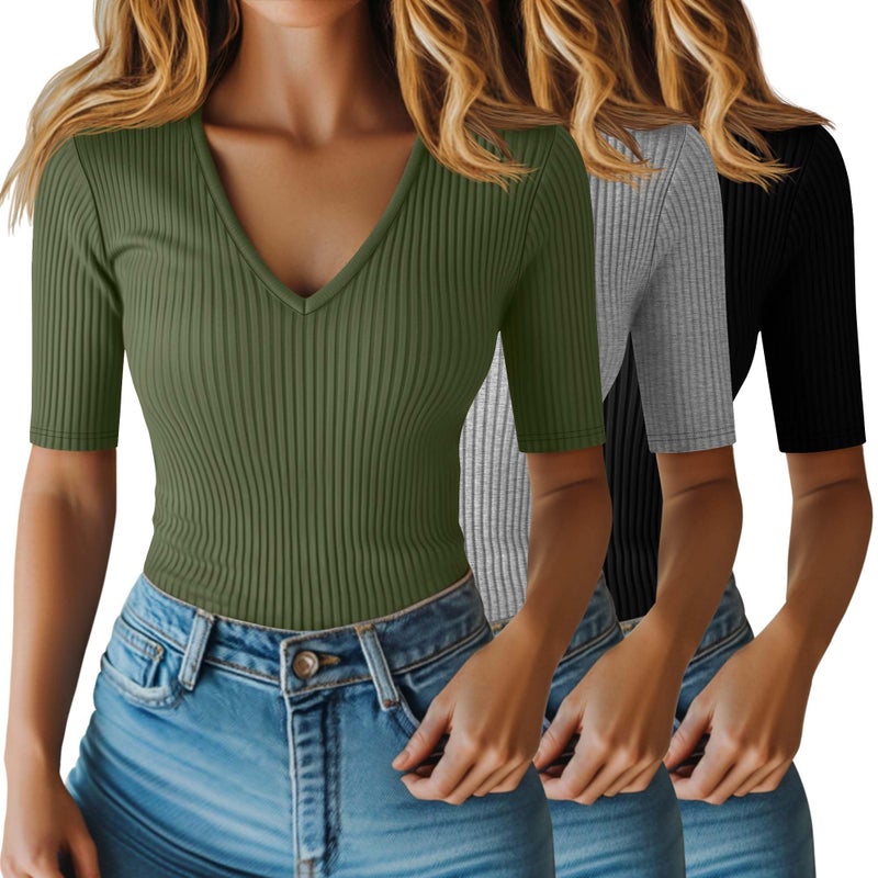 Riyiper 3 Pack Women's Half Sleeve Top Elbow Length Ribbed Cotton T Shirt Women V Neck Summer Tee Slim Fit Casual Blouses(Black, Army Green, Light Gray,M) - Image 1