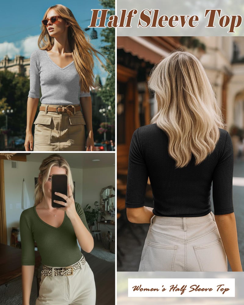 Riyiper 3 Pack Women's Half Sleeve Top Elbow Length Ribbed Cotton T Shirt Women V Neck Summer Tee Slim Fit Casual Blouses(Black, Army Green, Light Gray,M) - Image 4