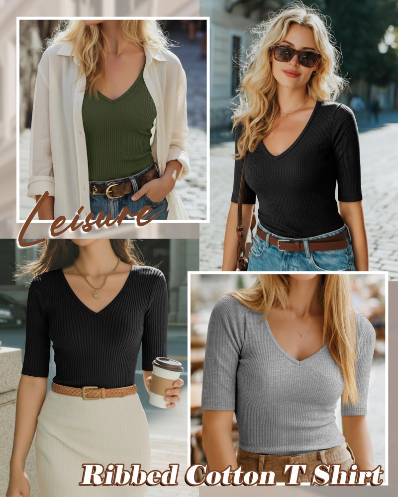 Riyiper 3 Pack Women's Half Sleeve Top Elbow Length Ribbed Cotton T Shirt Women V Neck Summer Tee Slim Fit Casual Blouses(Black, Army Green, Light Gray,M) - Image 2