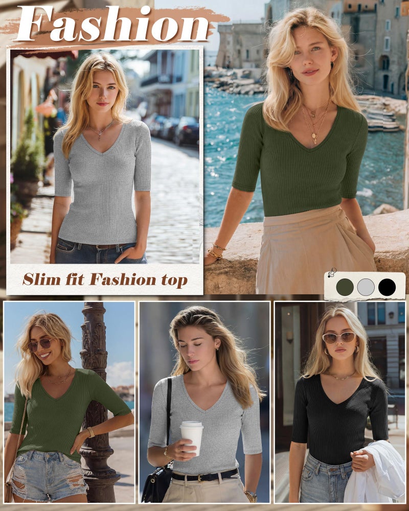 Riyiper 3 Pack Women's Half Sleeve Top Elbow Length Ribbed Cotton T Shirt Women V Neck Summer Tee Slim Fit Casual Blouses(Black, Army Green, Light Gray,M) - Image 3