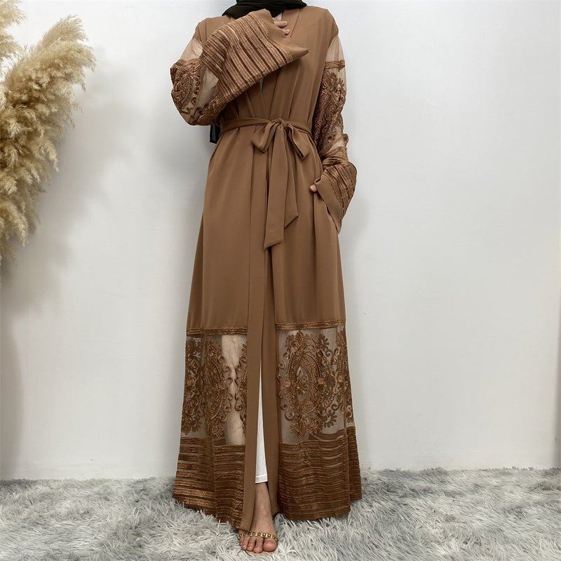 Women's Embroidered Lace Fashion Cardigan - Casual Summer Open Abaya