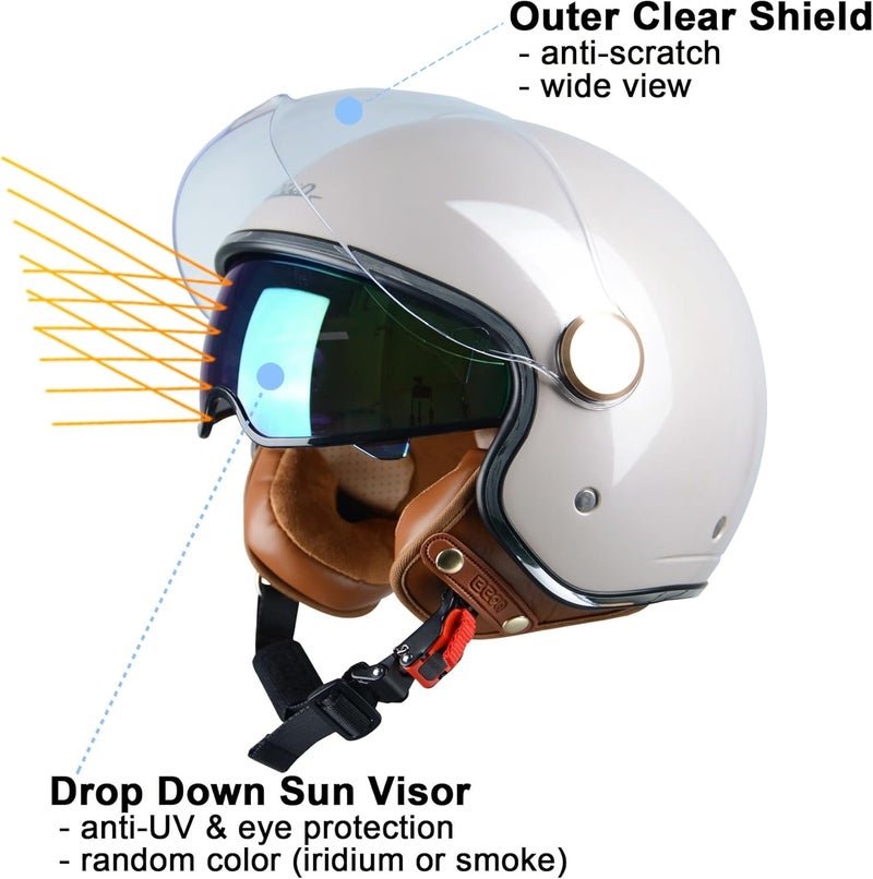 BEON Open Face Motorcycle Helmet for Adults, DOT Approved, Retro Vespa Helmet with Dual Visors - Image 3