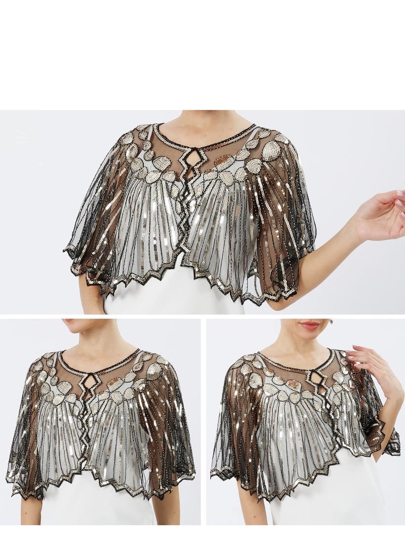 SYOSI - Womens 1920s Shawl Wraps Beaded Sequin Gatsby Cape Evening Bolero Flapper Cover Up Shawl Wraps Sequin Beaded Evening Cape - Image 1