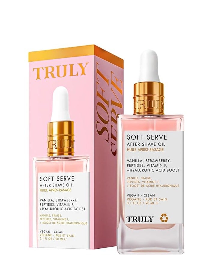 ترولي Truly Beauty Soft Serve After Shave Oil. علاج ترطيب للكرب والتهيج. الببتيدات، حمض الهيالورونيك ومستخلص الفراولة. يهدئ ويسلم البشرة. رائحة الفانيلا الفراولة (3.1 فلور أوز) - Image 1