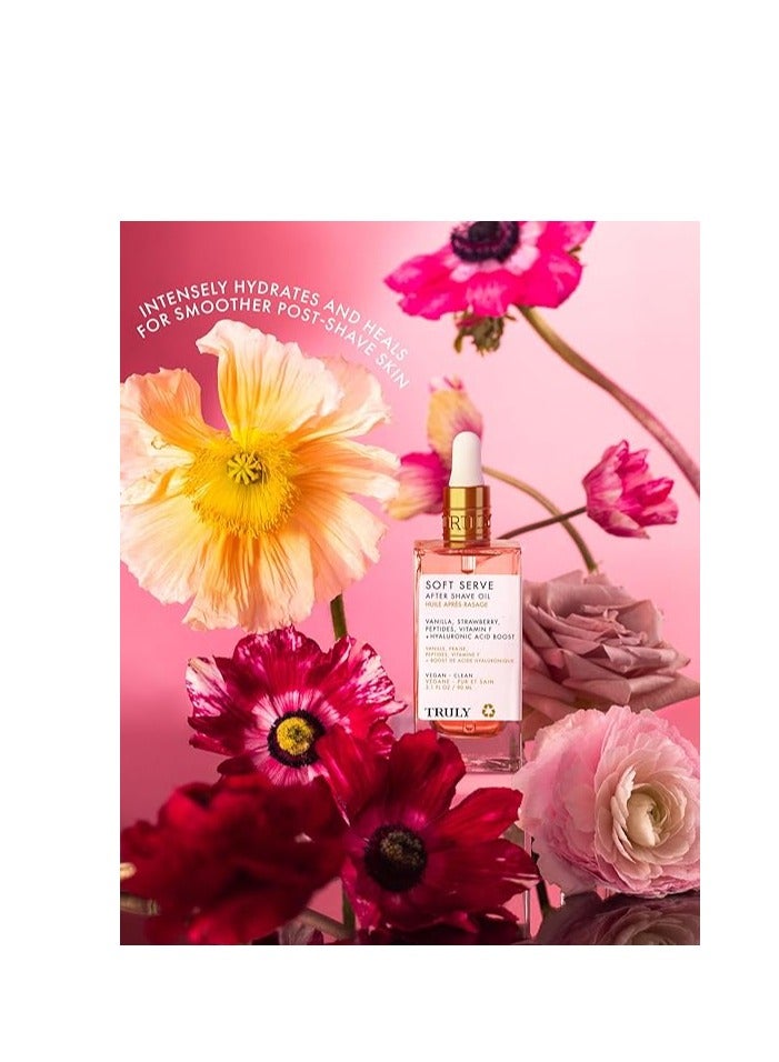 ترولي Truly Beauty Soft Serve After Shave Oil. علاج ترطيب للكرب والتهيج. الببتيدات، حمض الهيالورونيك ومستخلص الفراولة. يهدئ ويسلم البشرة. رائحة الفانيلا الفراولة (3.1 فلور أوز) - Image 5