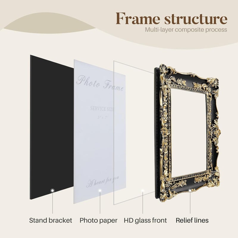 Cuspin 5x7 Picture Frame Black and Gold Frames, Vintage Baroque Handcrafted Resin Frames with Glass Front, Ornate Textured Design Decorative Picture Frame for Tabletop & Wall Display - Image 5