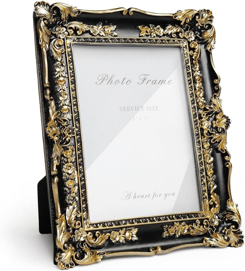 Cuspin 5x7 Picture Frame Black and Gold Frames, Vintage Baroque Handcrafted Resin Frames with Glass Front, Ornate Textured Design Decorative Picture Frame for Tabletop & Wall Display - Image 1