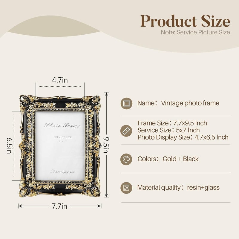 Cuspin 5x7 Picture Frame Black and Gold Frames, Vintage Baroque Handcrafted Resin Frames with Glass Front, Ornate Textured Design Decorative Picture Frame for Tabletop & Wall Display - Image 4